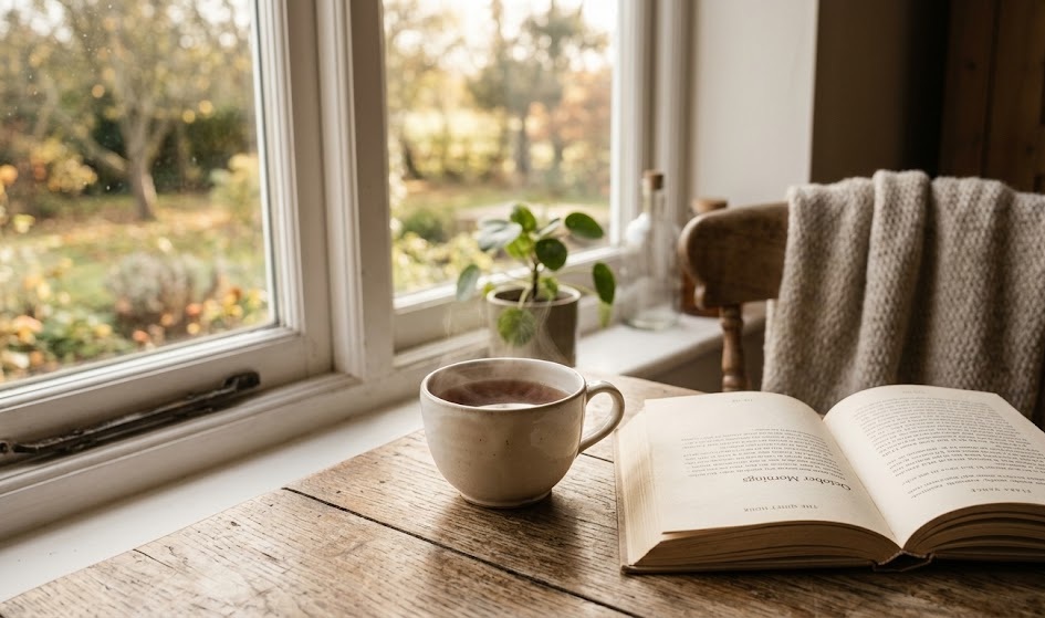 Tavolo accanto a una finestra con luce naturale del mattino, tazza fumante e un libro aperto