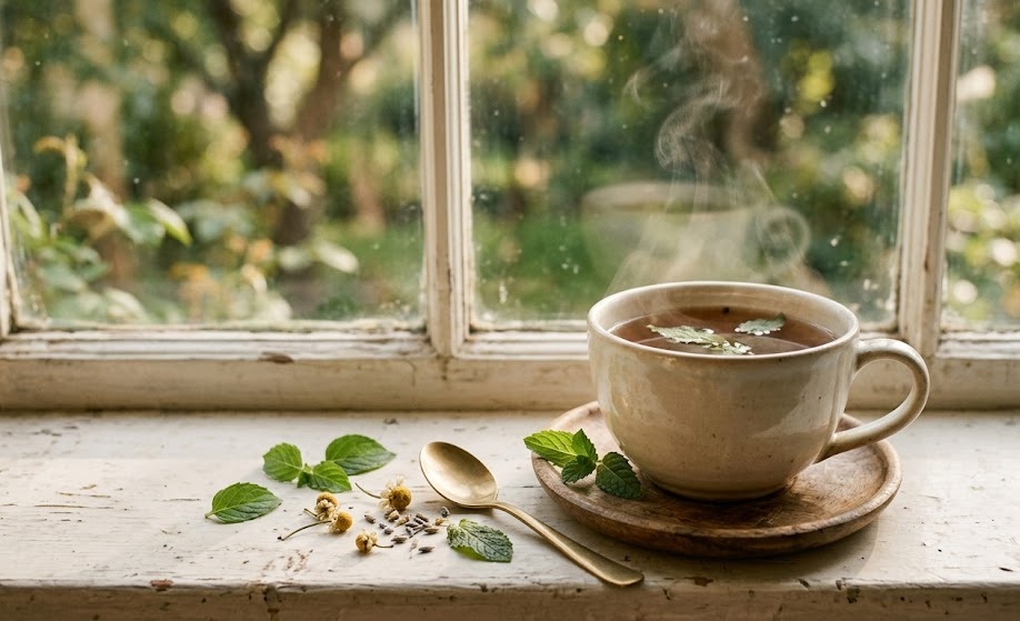 Tazza di tisana fumante appoggiata su un davanzale con luce calda e morbida